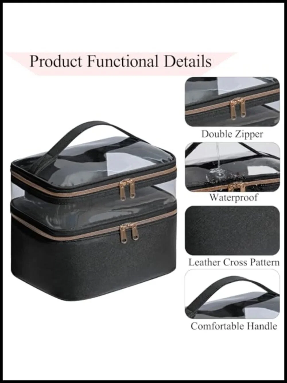 Large Double Layer Makeup Bag with Brush Storage, Waterproof Leather Toiletry